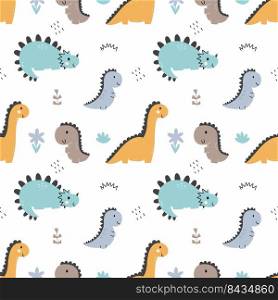 Cute seamless dino pattern. Endless wallpaper in nursery. Printing on fabric and wrapping paper. Illustration for baby.