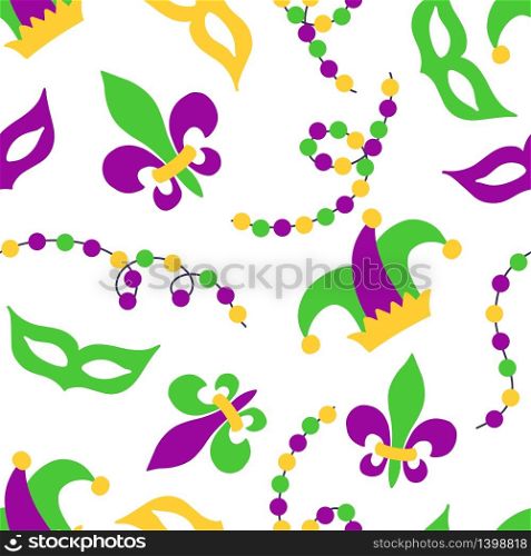 Cute seamless Mardi Gras background with masks, hats, lilies and beads in traditional colors. Cute seamless Mardi Gras background with masks and beads in traditional colors