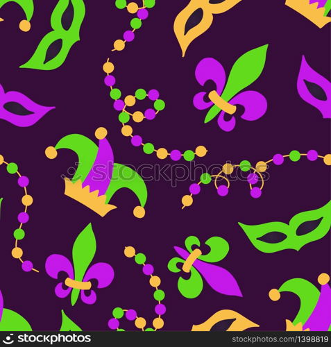 Cute seamless Mardi Gras background with masks, hats, lilies and beads in traditional colors. Cute seamless Mardi Gras background with masks and beads in traditional colors