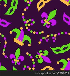 Cute seamless Mardi Gras background with masks, hats, lilies and beads in traditional colors. Cute seamless Mardi Gras background with masks and beads in traditional colors