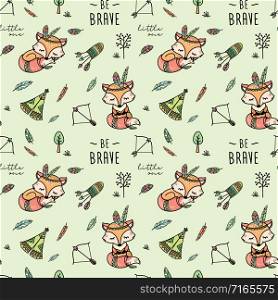 Cute seamless pattern. American indian fox character, wigwam, feather, bow and arrow.Vector illustration