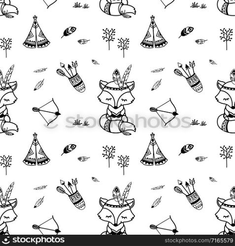 Cute seamless pattern. American indian fox character, wigwam, feather, bow and arrow.Vector illustration