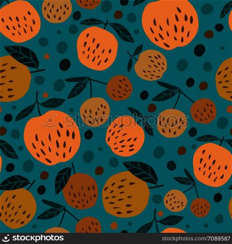 Cute seamless pattern with apples and leaves on green background. Hand drawn apples backdrop. Design for fabric, textile print, wrapping paper, children textile. Vector illustration. Cute seamless pattern with apples and leaves on green background.