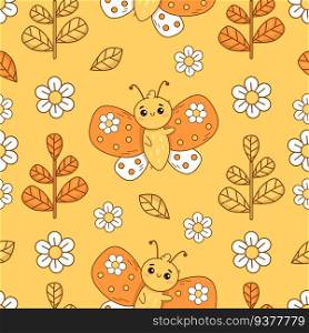 Cute seamless pattern with butterfly on yellow background with chamomile flowers and branches. Groovy vector Illustration for wallpaper, design, textile, packaging, decor. Kids collection