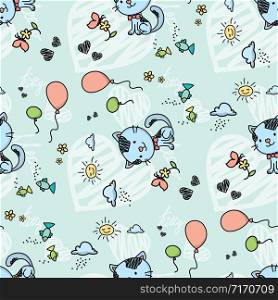 Cute seamless pattern with cartoon cat and balloons,hearts on background,vector illustration