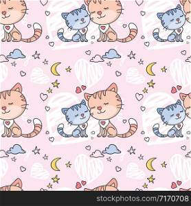 Cute seamless pattern with cartoon cats- mother and daughter,hearts on background,vector illustration