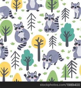 Cute seamless pattern with cartoon forest raccoons and trees. Childish print with happy animals. Baby racoon for nursery vector wallpaper. Adorable characters playing in wood on nature. Cute seamless pattern with cartoon forest raccoons and trees. Childish print with happy animals. Baby racoon for nursery vector wallpaper
