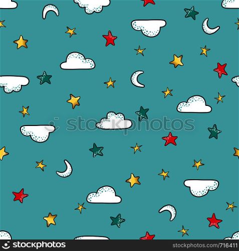 Cute seamless pattern with clouds and stars in sky. Design for textile, packaging, wallpaper or children, baby room interior. Vector illustration.. Cute seamless pattern with clouds and stars in sky.