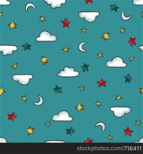 Cute seamless pattern with clouds and stars in sky. Design for textile, packaging, wallpaper or children, baby room interior. Vector illustration.. Cute seamless pattern with clouds and stars in sky.