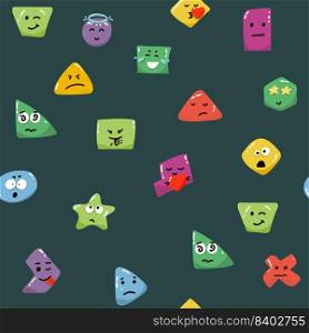 Cute seamless pattern with emoji and abstract geometric shapes in memphis style. Trendy vector background in white, blue, yellow and red colors. Cute seamless pattern with emoji and abstract geometric shapes in memphis style. Trendy vector background in white, blue, yellow and red colors.