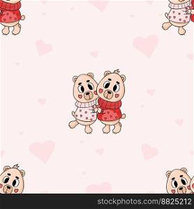 Cute seamless pattern with enamored teddy bears in sweaters with hearts on pink background. Vector illustration. Romantic endless background