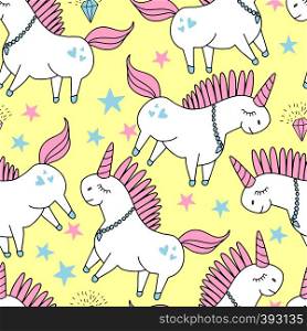 Cute seamless pattern with fairy unicorns. Childish texture for fabric, textile. Vector illustration for textiles, pillow, clothing, interior decoration, web page background, wrapping paper, cosmetics. Cute seamless pattern with fairy unicorns. Childish texture for fabric, textile. Vector Illustration