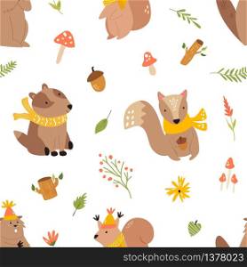Cute seamless pattern with funny forest animals badger, beaver, squirrel and floral elements. Cute seamless pattern with funny forest animals