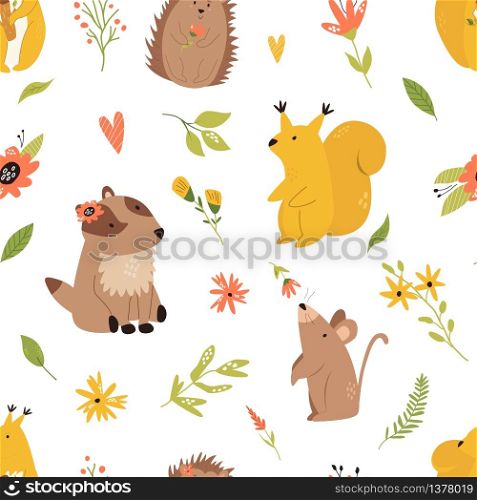 Cute seamless pattern with funny forest animals badger, hedgehog, mouse, squirrel and flower elements. Cute seamless pattern with funny forest animals