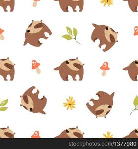 Cute seamless pattern with funny forest badgers. Vector illustration for baby prints, wallpaper, fabric and textile. Cute seamless pattern with funny forest badgers