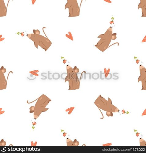 Cute seamless pattern with funny mouse and flowers. Vector illustration for baby prints, wallpaper, fabric and textile. Cute seamless pattern with funny mouse and flowers