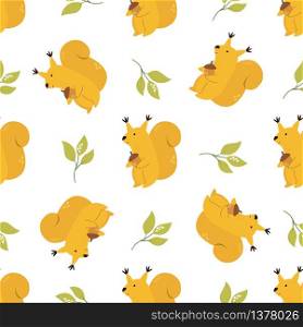 Cute seamless pattern with funny squirrels and acorns. Woodland, forest character. Cute seamless pattern with funny yellow squirrels