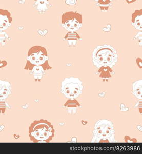 Cute seamless pattern with kids. Funny smiling boys and girls on light background with hearts. Vector illustration. Childrens collection for design, decor, textile, wallpaper, packaging