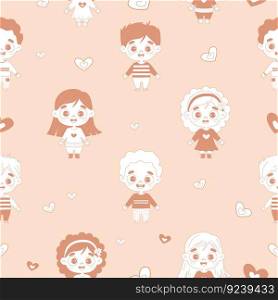 Cute seamless pattern with kids. Funny smiling boys and girls on light background with hearts. Vector illustration. Childrens collection for design, decor, textile, wallpaper, packaging