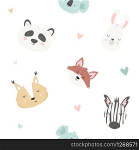 Cute seamless pattern with koalas, pandas, llamas, squirrels, zebras, foxes. Tender and soft pastel colors. For baby prints, textiles. Cute seamless pattern with animals. For prints