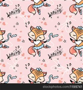 Cute seamless pattern with little fox dancer,music notes and hearts,vector illustration
