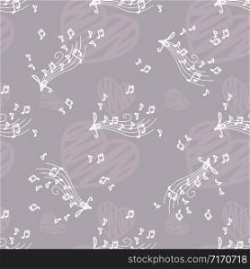 Cute seamless pattern with notes and music symbols,hearts on background,vector illustration