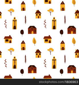 Cute seamless pattern with old town house. Yellow and orange trees and leaves. Vector graphic illustration. Doodle cartoon style.. Cute seamless pattern with old town house. Yellow and orange trees and leaves.