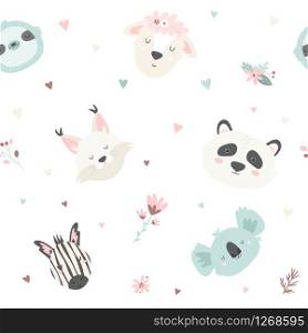 Cute seamless pattern with panda, zebra, sloth, koala, lynx, lamb. Tender and soft pastel colors. For baby prints, textiles. Cute seamless pattern with animals. For prints