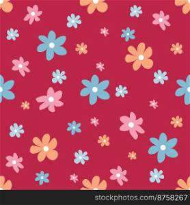 Cute seamless pattern with pink and blue flowers on Viva Magenta background. Vector illustration in hand-drawn flat style. Perfect for print, decorations, wallpaper, wrapping paper, cards.