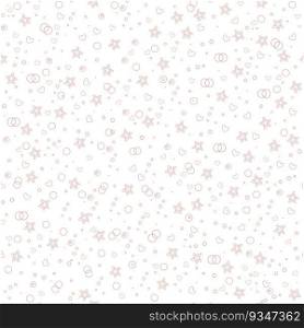 Cute seamless pattern with pink hearts, bubbles and stars. Vector illustration isolated on white background. Flat style. Texture for design, print, linen, fabric, wrapping, textile, wallpaper, apparel. Cute seamless pattern with hearts and stars vector