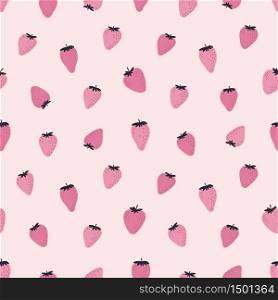 Cute seamless pattern with pink strawberries. Natural summer print with berry, fresh fruits in hand drawn style. Colorful vector strawberry background.