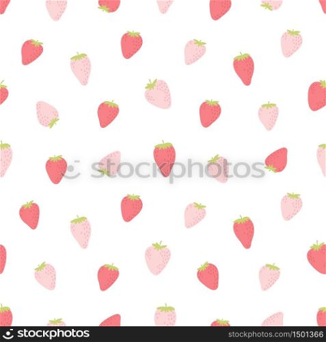 Cute seamless pattern with pink strawberries. Natural summer print with berry, fresh fruits in hand drawn style. Colorful vector strawberry background.