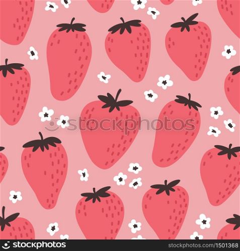 Cute seamless pattern with pink strawberries. Natural summer print with berry, fresh fruits and flowers in hand drawn style. Colorful vector strawberry background.