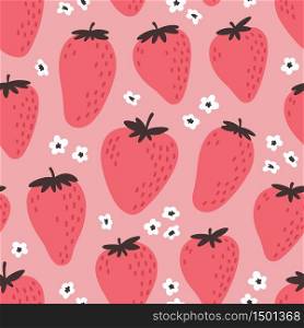 Cute seamless pattern with pink strawberries. Natural summer print with berry, fresh fruits and flowers in hand drawn style. Colorful vector strawberry background.