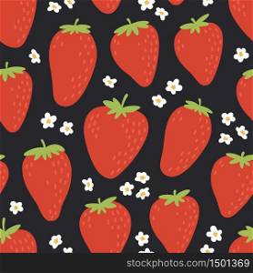 Cute seamless pattern with red strawberries. Natural summer print with berry, fresh fruits and flowers in hand drawn style. Colorful vector strawberry background.
