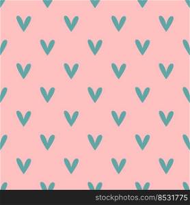 Cute seamless pattern with simple small blue heart on pink. Trendy hand-drawn colorful hearts. Valentine s day, love concept. Minimalistic repeatable vector design for stationery, textile, web design