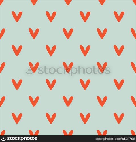 Cute seamless pattern with simple small red heart on blue. Trendy hand-drawn colorful hearts. Valentine's day, love concept. Minimalistic repeatable vector design for stationery, textile, web design
