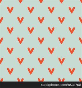 Cute seamless pattern with simple small red heart on blue. Trendy hand-drawn colorful hearts. Valentine's day, love concept. Minimalistic repeatable vector design for stationery, textile, web design