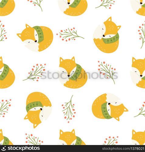 Cute seamless pattern with sleeping foxes in scarfs and twigs. Vector illustration for baby prints, wallpaper, fabric and textile. Cute seamless pattern with sleeping foxes in scarf
