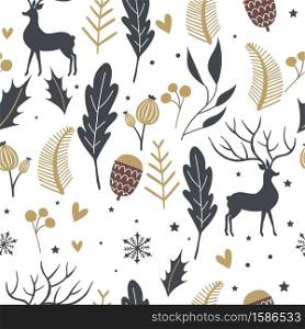 Cute seamless pattern with snow,deer,leaf,holly for Christmas holiday