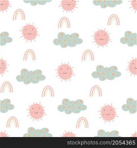 Cute seamless pattern with sun and clouds-hand drawn childish seamless pattern design Digital paper.. Cute seamless pattern with sun and clouds-hand drawn childish seamless pattern design Digital paper