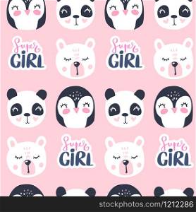 Cute seamless pattern with teddy bear, panda and penguin. Vector cartoon animals background. Ideal for fabric, wallpaper, wrapping paper, textile, bedding, t-shirt print. Cute seamless pattern with teddy bear, panda and penguin.