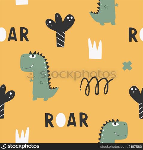 Cute seamless pattern with varied dinosaurs. Creative childish background for fabric.. Cute seamless pattern with varied dinosaurs. Creative childish background for fabric