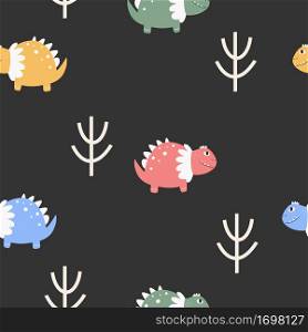 Cute seamless pattern with varied dinosaurs, mountains, volcanoes, palm trees, clouds.Creative childish background for fabric.. Cute seamless pattern with varied dinosaurs, mountains, volcanoes, palm trees, clouds. Creative childish background for fabric