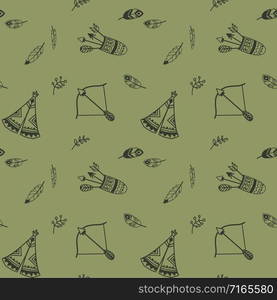 Cute seamless pattern with wigwam, feathers,plants and arrows.Vector illustration