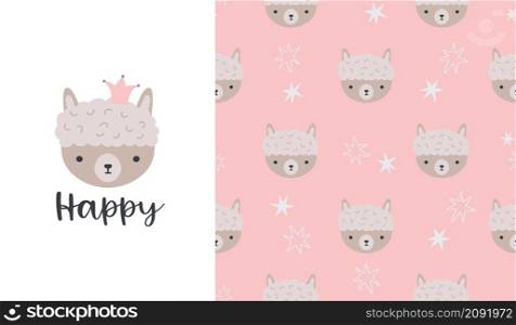 Cute seamless patterns and lettering - happy. Llama face. Creative childish print for fabric, wrapping, textile, wallpaper, apparel. Vector cartoon illustration in pastel colors.. Cute seamless patterns and lettering - happy. Llama face. Creative childish print for fabric, wrapping, textile, wallpaper, apparel. Vector cartoon illustration in pastel colors