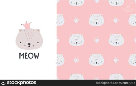 Cute seamless patterns and lettering - meow. Kitty poster. Creative childish print for fabric, wrapping, textile, wallpaper, apparel. Vector cartoon illustration in pastel colors.. Cute seamless patterns and lettering - meow. Kitty poster. Creative childish print for fabric, wrapping, textile, wallpaper, apparel. Vector cartoon illustration in pastel colors