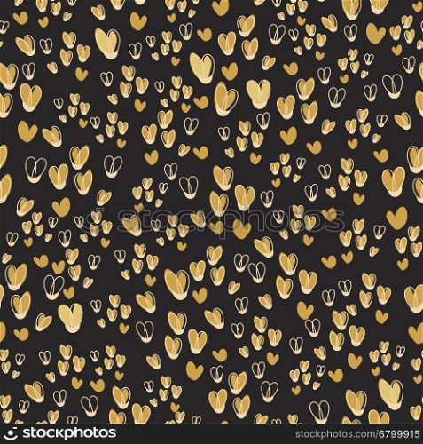 Cute seamless vector pattern from gold repeating hearts on black background.. Cute seamless vector pattern from gold repeating hearts on black background. Holiday romantic texture can be used as a textile design or wrapping paper
