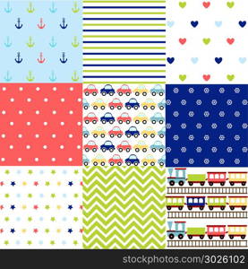 Cute set of Baby Boy seamless patterns with fabric textures