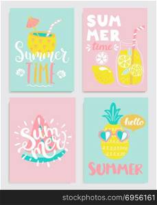 Cute set of bright summer cards with drinks,lemonade,pineapple,watermelon and handdrawn lettering and other fun elements. Perfect for summertime posters, banners, gift,print. Vector illustration.. Cute set of bright summer cards.